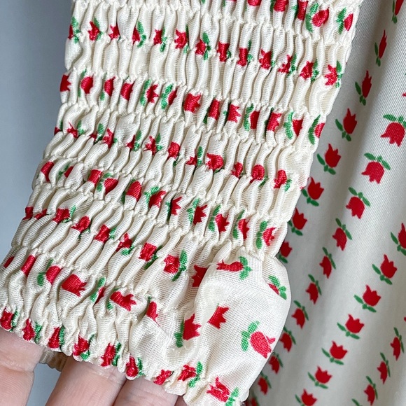 Vintage 60s 70s Rare Denise Are Here Tulip Print Elastic Ruched Maxi Dress Small - Picture 9 of 11